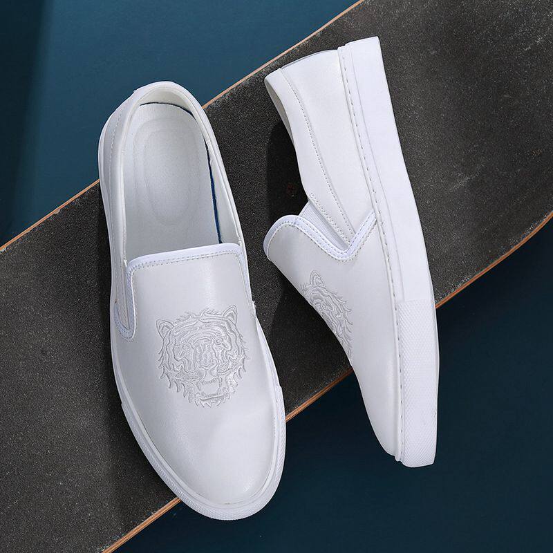 Hong Kong Supreme new embroidery men's shoes genuine leather small white shoes trend One foot pedal sloth shoes Soft underfloor shoes