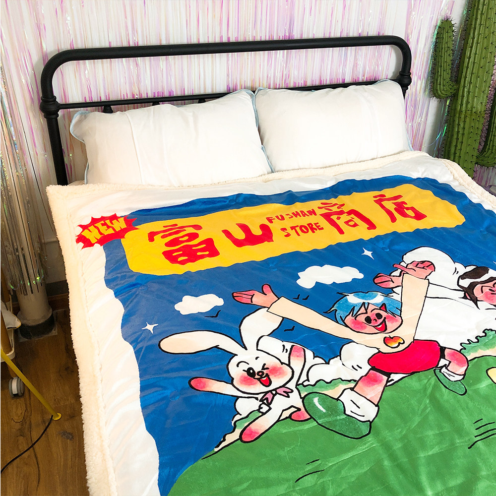(Toyama Store x Ollie Frog) Retro Japanese cute imitation lamb velvet blanket sofa blanket can be used as a small quilt