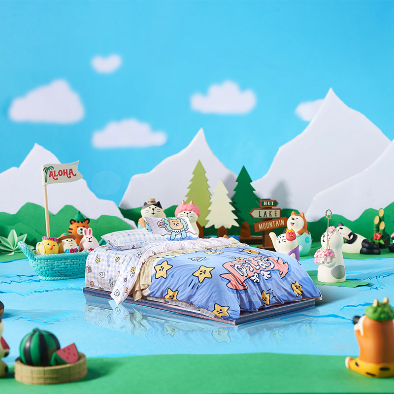 (Toyama Store)Soft sister blue purple original bear rabbit sister flower cotton bed four-piece set cotton