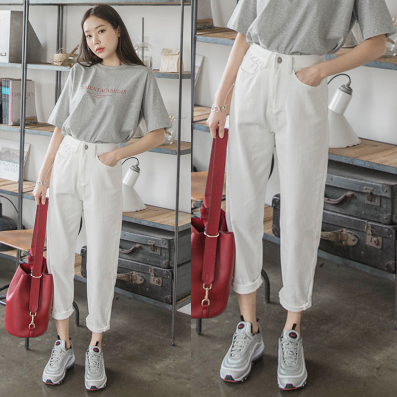 Spring Korean BF style harem jeans women's white loose baggy pants large size nine-point slim straight-leg pants look thin and trendy
