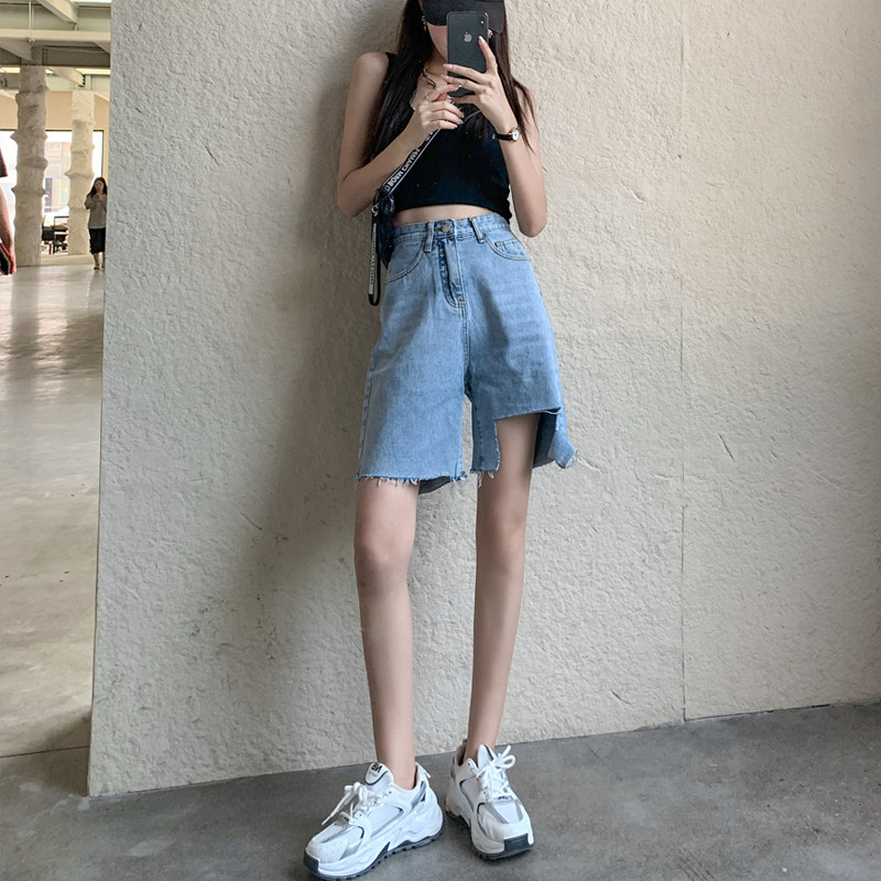 Jeans shorts women's summer 2021 new loose five-point pants straight tube hole tide ins5 points wide leg five-point pants