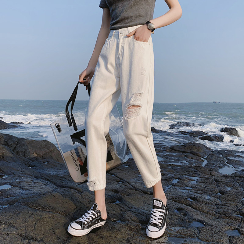 White Broken Cave Hallen Jeans Woman 2023 new spring summer with high waist loose 90% radish old daddy pants-Taobao
