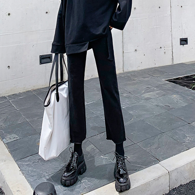 Black jeans female display slim 2019 Fall high waist loose width 100 lap Elegant Daddy Smoke Pipe Straight Cylinder Pants