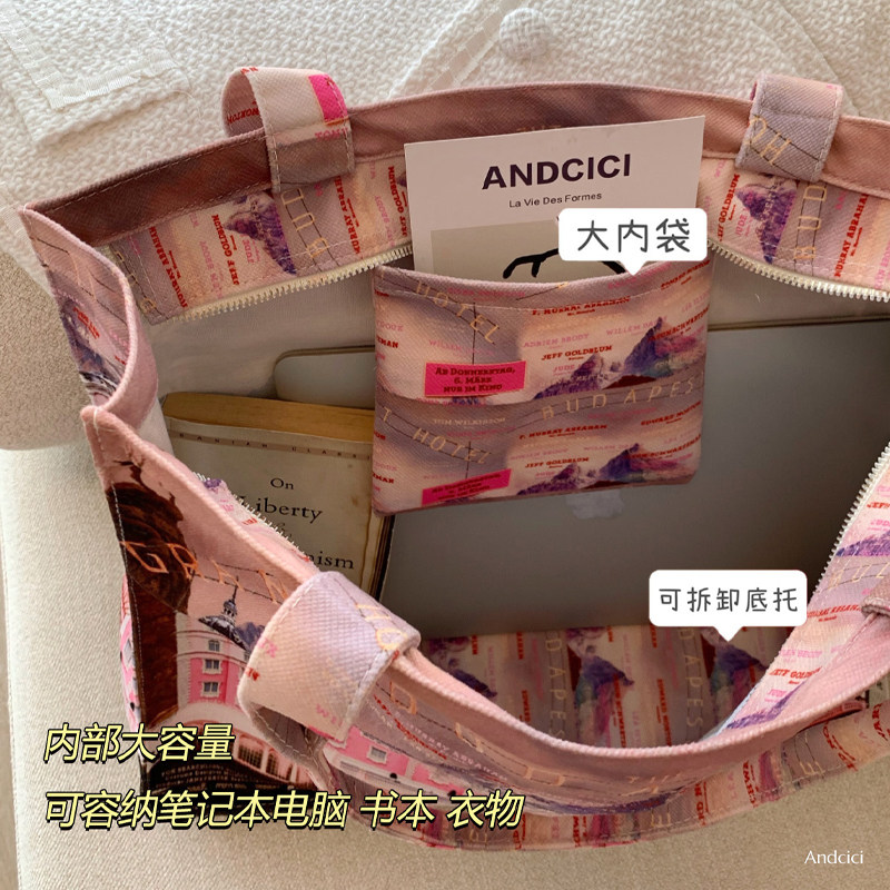 Мода холст andcici◆布达佩斯油画 画包~拉炼 炼 𫔀帆布包通勤包手提包单肩包学生书包