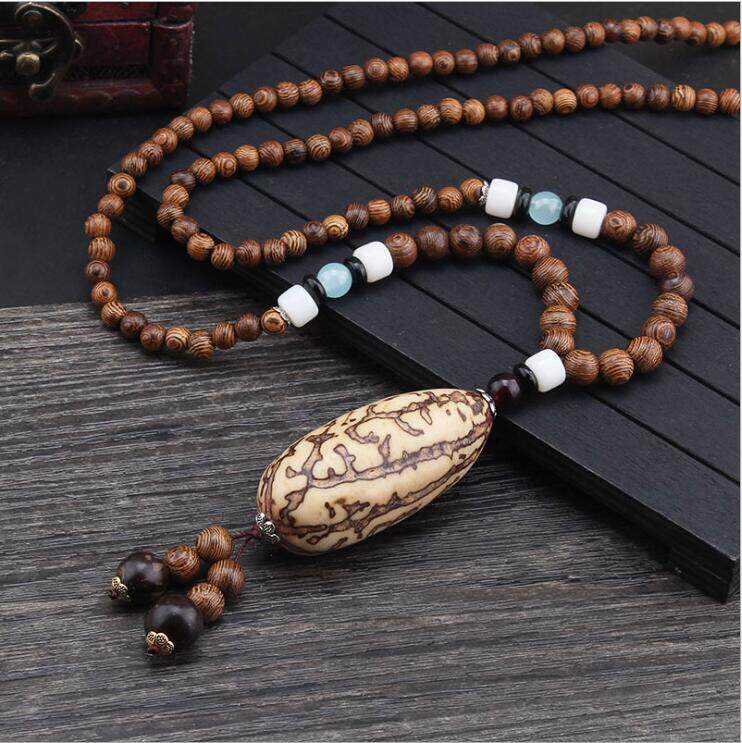 September Kaka Thousand Eyes Bodhi Seed Chicken Wings Wooden Beads Retro Art Sweater Necklace 1006