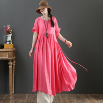 September Card pure Hemp Short Sleeve Long Skirt Big Code Art Cotton Twist Collar Long BIG SWING DRESS 1135