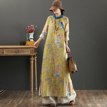 September kaka original pure linen improvement qipao long skirt art big code pearl buttoned up collar dress 9305