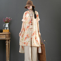 September Card pure Hemp Digital Printed Upright Collar Shirt Big Code Artistic single row with short sleeve blouse Women 1152