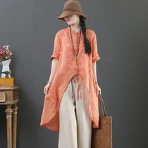 September Card Original Pure Hemp Embroidered Floral Collar Shirt Big Code Art Medium Long Irregular Blouse 1130