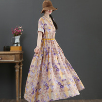 September Card Original Pure Hemp V Lead Printed Long Skirt Large Hem Skirt Short Sleeves Lace Long Style Dress 3018
