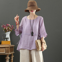 100% Pure HEMP ROUND COLLAR LOOSE DRAWING ROPE BIG CODE ART COTTON NUMB HORN SLEEVE SUMMER DRESS WOMAN MIDDLE SLEEVE SHIRT 9189