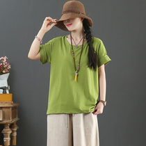 September Card pure cotton short sleeve beating bottom T-shirt female art 100 lap up slim pure color round collar summer blouse 10016