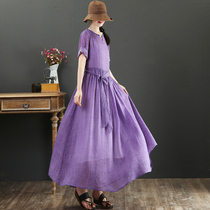 September Card Original Design Pure Hemp 100 Short Sleeves Long Skirt Large Hem Skirt Butterfly Knot Dress 9218