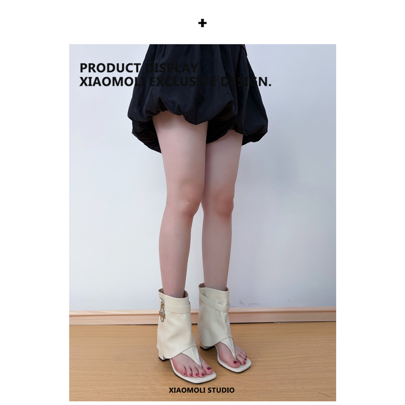 White Niche Design Sandals for Women, Summer 2026 New Style, Travel and Vacation Sandals, Chunky Heel, Versatile Thong Sandals, Bootie Style