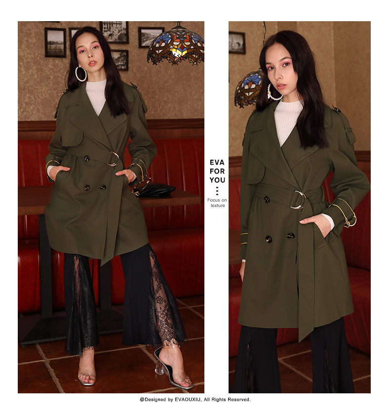 Yihua Ou Xiu 2019 Mùa xuân và mùa thu Nữ mới Cổ điển Áo đôi mỏng manh Áo lót mỏng manh Áo gió H-Type - Trench Coat áo khoác ngoài nữ đẹp
