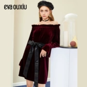 Evaouxiu Yihua Ou Xiu 2019 mùa thu nữ mới khí chất nữ tính từ cổ áo thắt lưng váy nhung - Váy eo cao