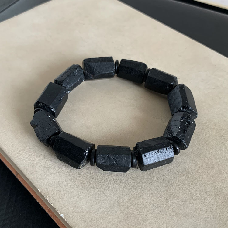Natural Black Tourmaline Raw Stone Bracelet, Tourmaline Raw Ore Bracelet, Tourmaline Small Crystal Column, Unisex Style