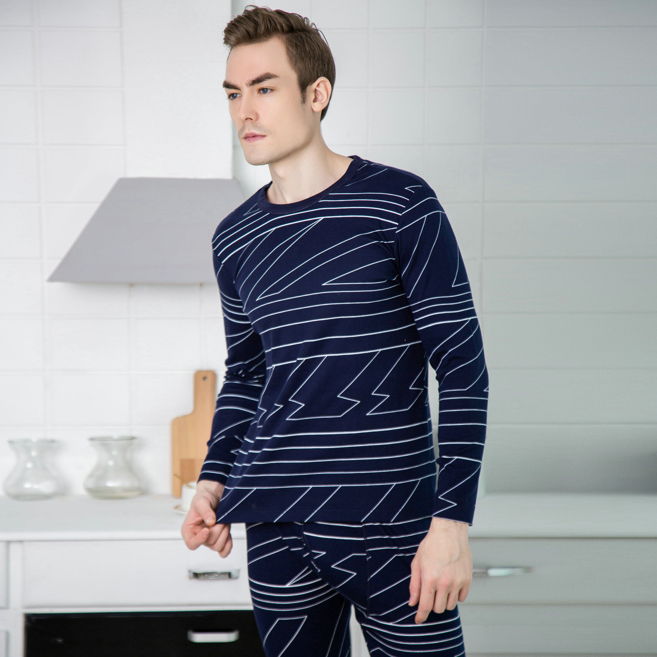 Italian autumn and winter men's pure cotton long johns long johns cotton sweater youth thin bottoming thermal underwear set