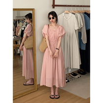 YNVN gentle pink puff sleeve dress womens summer French waist slimming temperament A-line over-the-knee long skirt