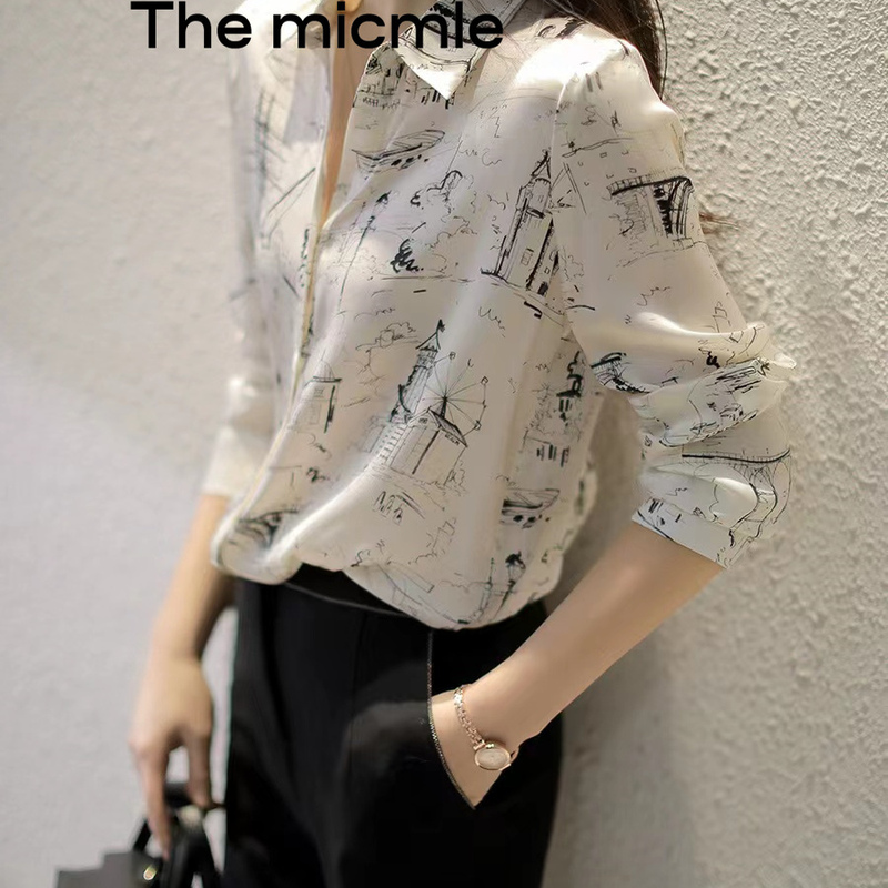 The Micmle 2026 Spring and Summer New Women's Clothing Lapel Sketch Print Silk Shirt Women's Long-Sleeved Shirt