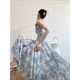 Signature Blue Fog Rose French Print Dress Female 2022 Goddess Summer Square Collar Tea Break Beautiful Swing Skirt