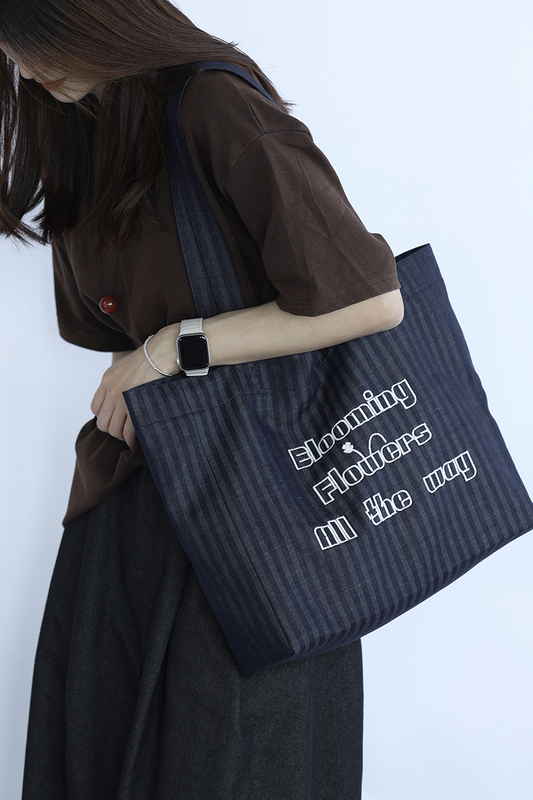 Litter Tiger Original Tote Bag [Flowers Bloom Along the Way] Denim Blue Vertical Stripes Original Embroidery Single Shoulder Tote