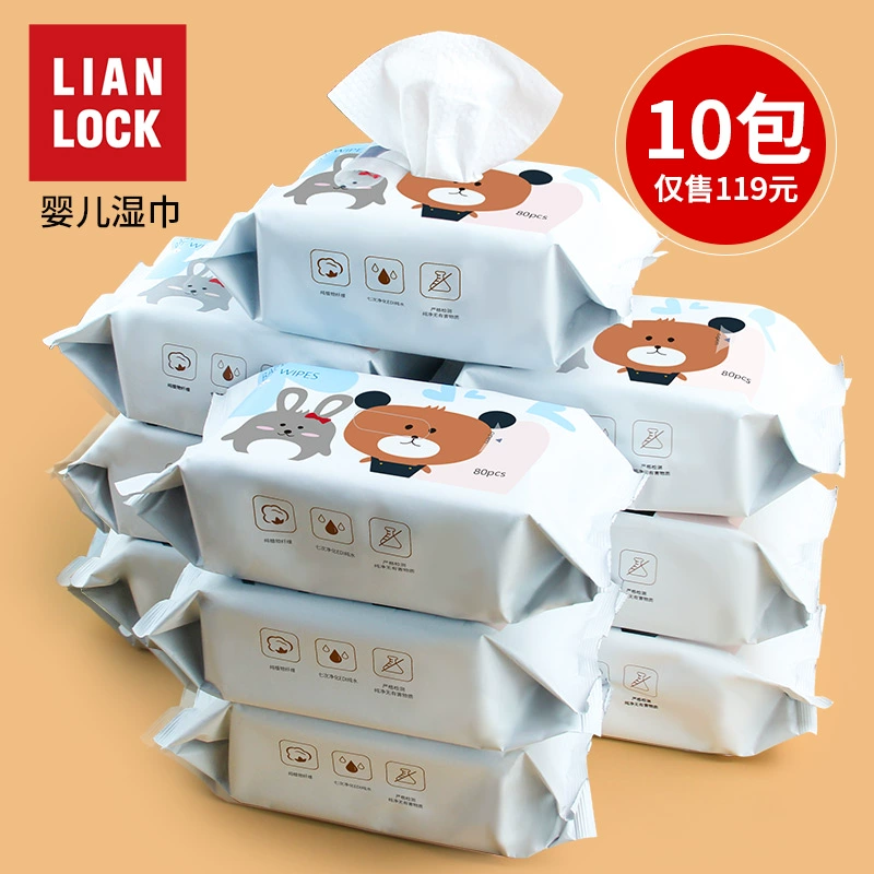 LianLockBé ướt khăn lau ướt bé tay miệng đặc biệt bé sơ sinh mông khăn ướt khăn lau dày 80 bơm X10 - Khăn ướt
