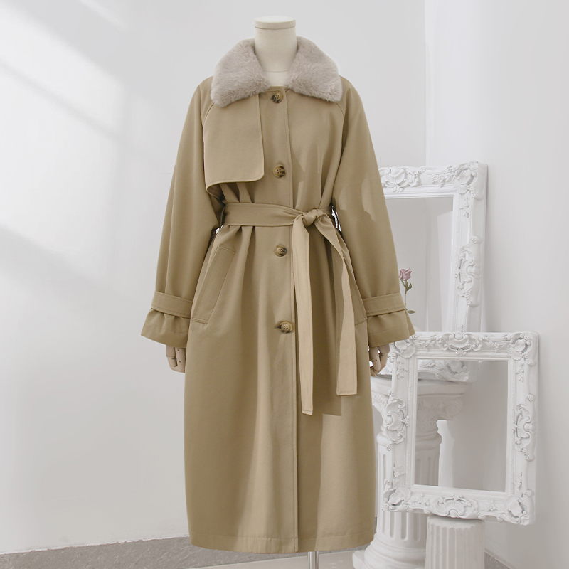 4U4U Khaki Over-The-Knee Long Parka Women's Winter New Thickened Fur-Lined Trench Coat Style Slimming Jacket