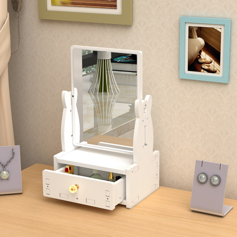 Mirror Desktop Cosmetic Mirror Tabletop Makeup Mirror with drawer Cosmetics Containing box Cabinets Mirror Dorm Room Student Princess Mirror