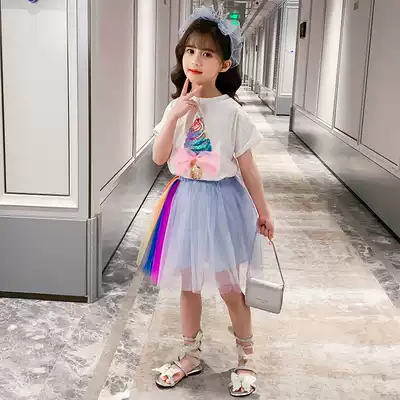 Next win girls short sleeve set 2021 summer new children's clothing cartoon foreign school children rainbow mesh dress
