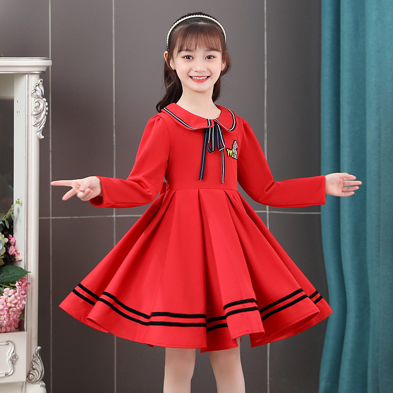 Next win girl dress spring and autumn children's fashion college style Foreign Bow long sleeve princess dress