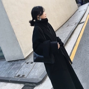 Áo khoác len hai mặt màu đen của phụ nữ 2018 mùa thu và mùa đông rộng vành đai Hepburn dài phần trên áo len đầu gối