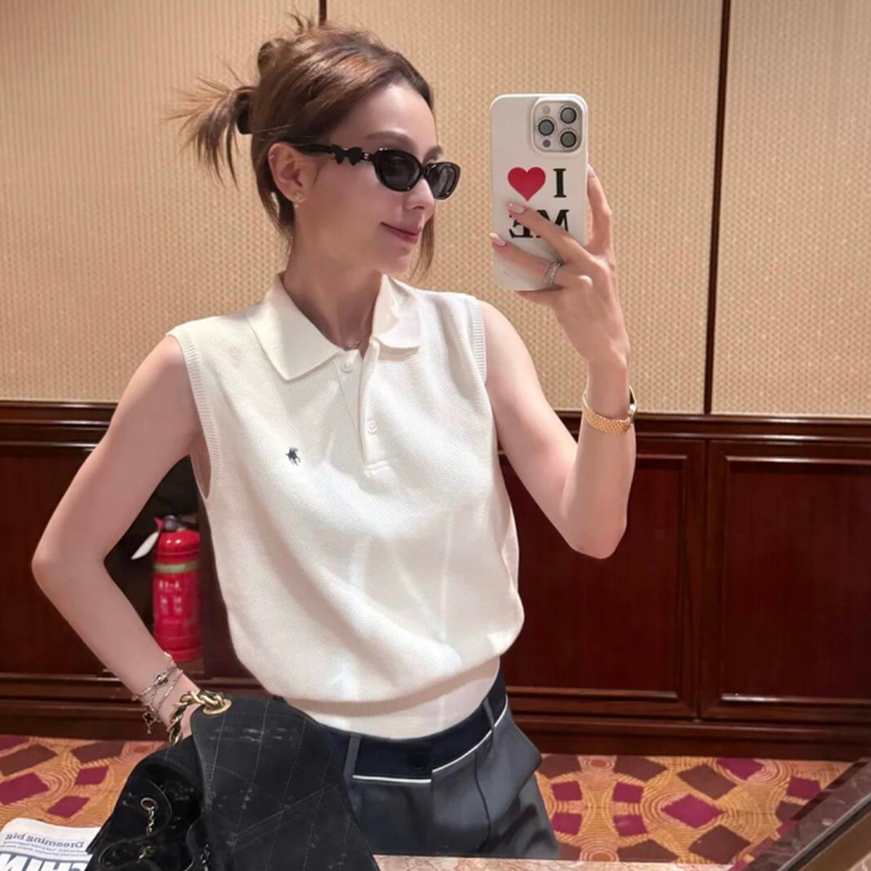 Shenzhen Nanyou Laf~ Black and White Pony Embroidery Polo Sleeveless Top Women's Knitted Polo Shirt Vest for Women