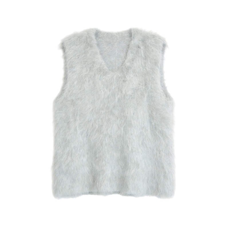 Gray V-Neck Alpaca Wool Knitted Vest for Women, Early Autumn, High-End, Soft and Lazy Style, Layered Sleeveless Sweater Vest