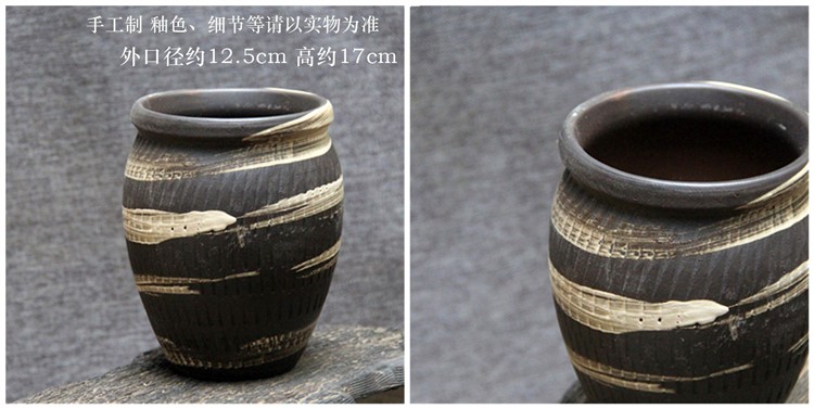 Bình gốm thô jar hoa bình hoa thịt xanh chậu đất nung đất sét đen gốm cũ đơn giản - Vase / Bồn hoa & Kệ chậu cây trong nhà