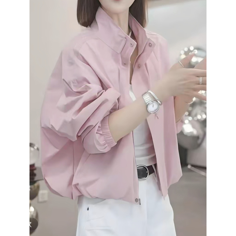 High-End Stand-Up Collar Sun Protection Jacket for Women, Spring and Summer New Style, Petite Casual Thin Pink Short Jacket Top