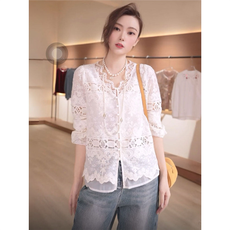 Lace Embroidery V-Neck Long-Sleeve Shirt for Women, 2026 Spring New Korean Style Versatile Slim-Fit Top Trendy