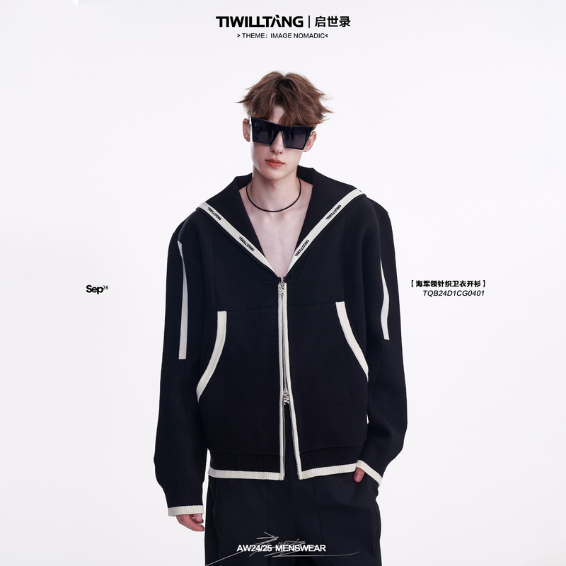 【Royal Sea Dawn】Qishi Lu("Vibe") Dream Adventure Navy Collar Knitted Cardigan Sweatshirt Jacket for Spring and Autumn