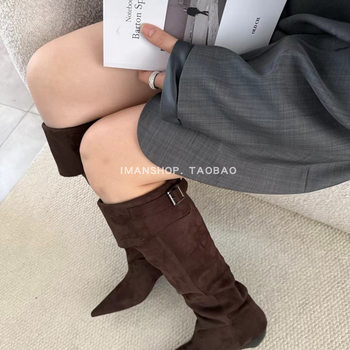 Wins shoes 2025 new product recommendation pointed toe thick heel suede boots belt buckle high boots no more than knee
