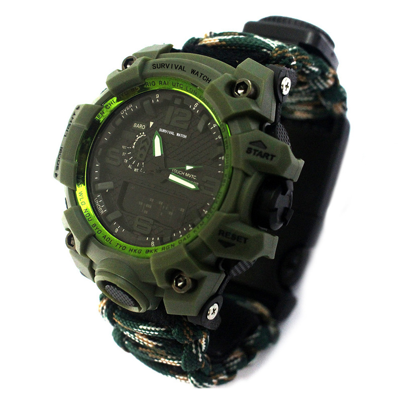 Outdoor Sports Multi-Functional Dual-Movement Luminous Paracord Watch Compass Camping Survival Waterproof Large Camouflage Men's Watch