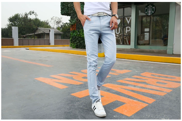 Quần jean nam thẳng nam Slim kinh doanh quần denim giản dị không co giãn thanh niên cotton và quần linen mỏng nam - Quần jean áo nam đẹp