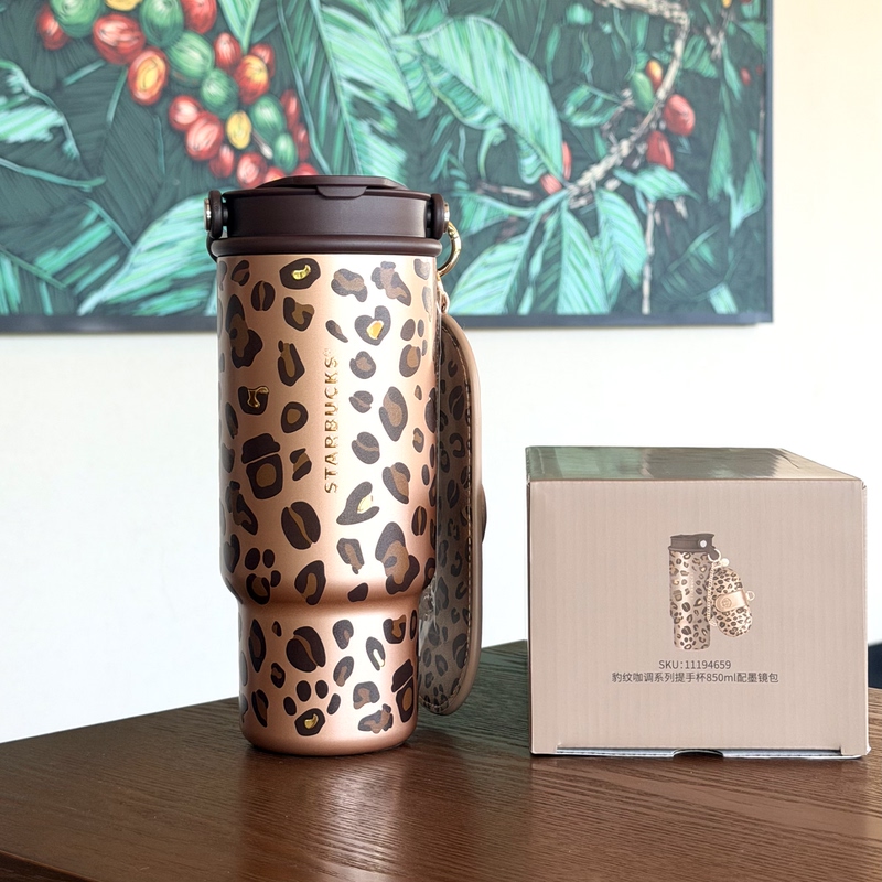 Starbucks Cup 2026 Leopard Print Coffee-Style Stainless Steel Double Drinking Mouth Handle Straw Travel Mug with Sunglasses Case