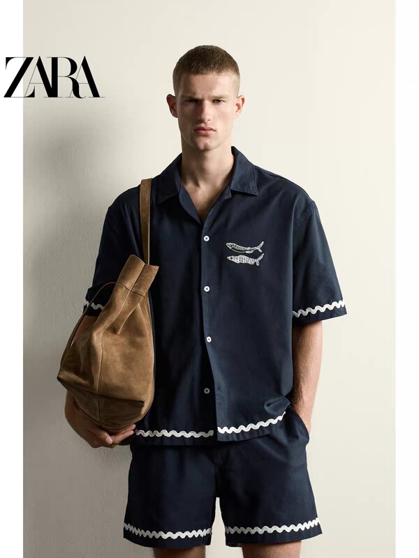 July Zara Domestic Genuine Product Purchasing Agent 7200/323 Men's Fish Pattern Embroidered Loose Shirt 7200323