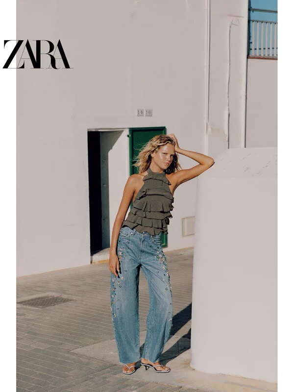 July Zara Domestic Genuine Product Purchasing Agent 0695013 Women's High-Waisted Embroidered Barrel-Shaped Jeans 0695/013