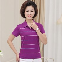 Summer 2021 new middle-aged womens cotton T-shirt middle-aged mothers short-sleeved lapel striped top undershirt