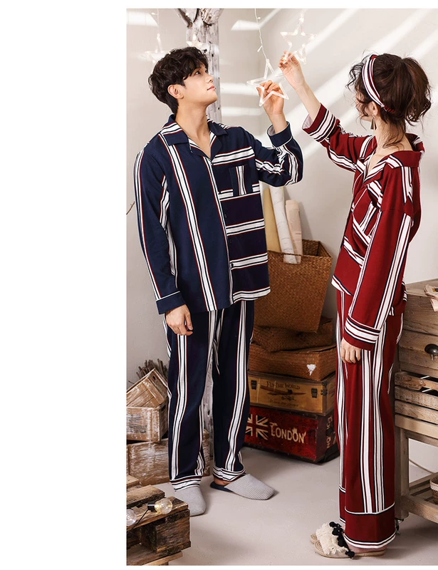 Cặp đôi đồ ngủ cotton dài tay nữ mùa xuân và mùa thu đông Hàn Quốc áo len sọc cotton cotton nam phục vụ nhà