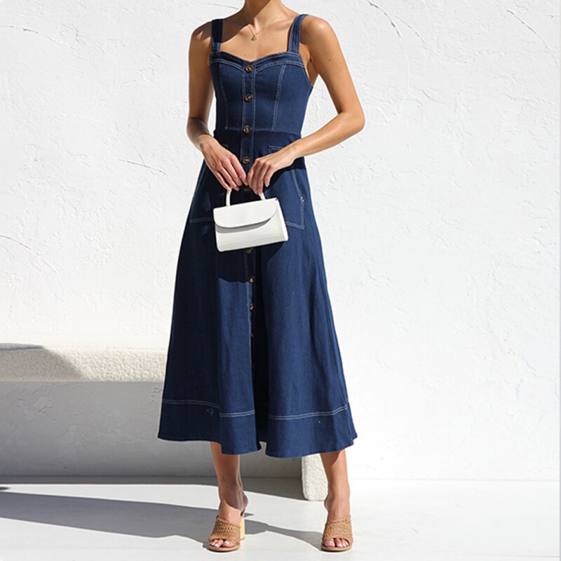 European and American Cross-Border 2025 Summer, Autumn, and Winter New Style Vintage Casual Button Denim Long Dress for Women