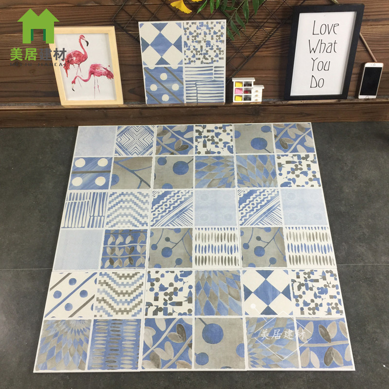 Nordic Retro Dining Room Makeup Room Kitchen Flowers Brick Blue Tile Wall Brick Balcony Flower Sheet Non-slip Floor Brick 300