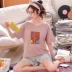 Phong cách Hàn Quốc đồ ngủ phụ nữ mùa hè cotton ngắn tay quần short mỏng phần phụ nữ mùa xuân dễ thương hoạt hình quần áo ở nhà bộ đồ thể thao - Bộ Pajama