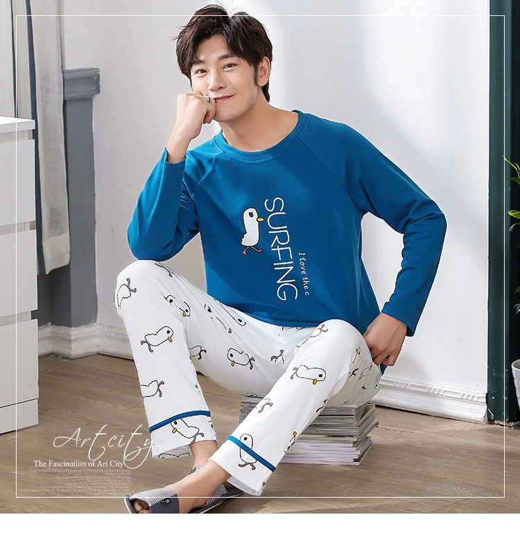 Bộ đồ ngủ nam mùa xuân và mùa hè cotton dài tay cỡ lớn có thể được mặc bên ngoài bộ phim hoạt hình mỏng dành cho sinh viên phục vụ mùa thu đông quần lót nam